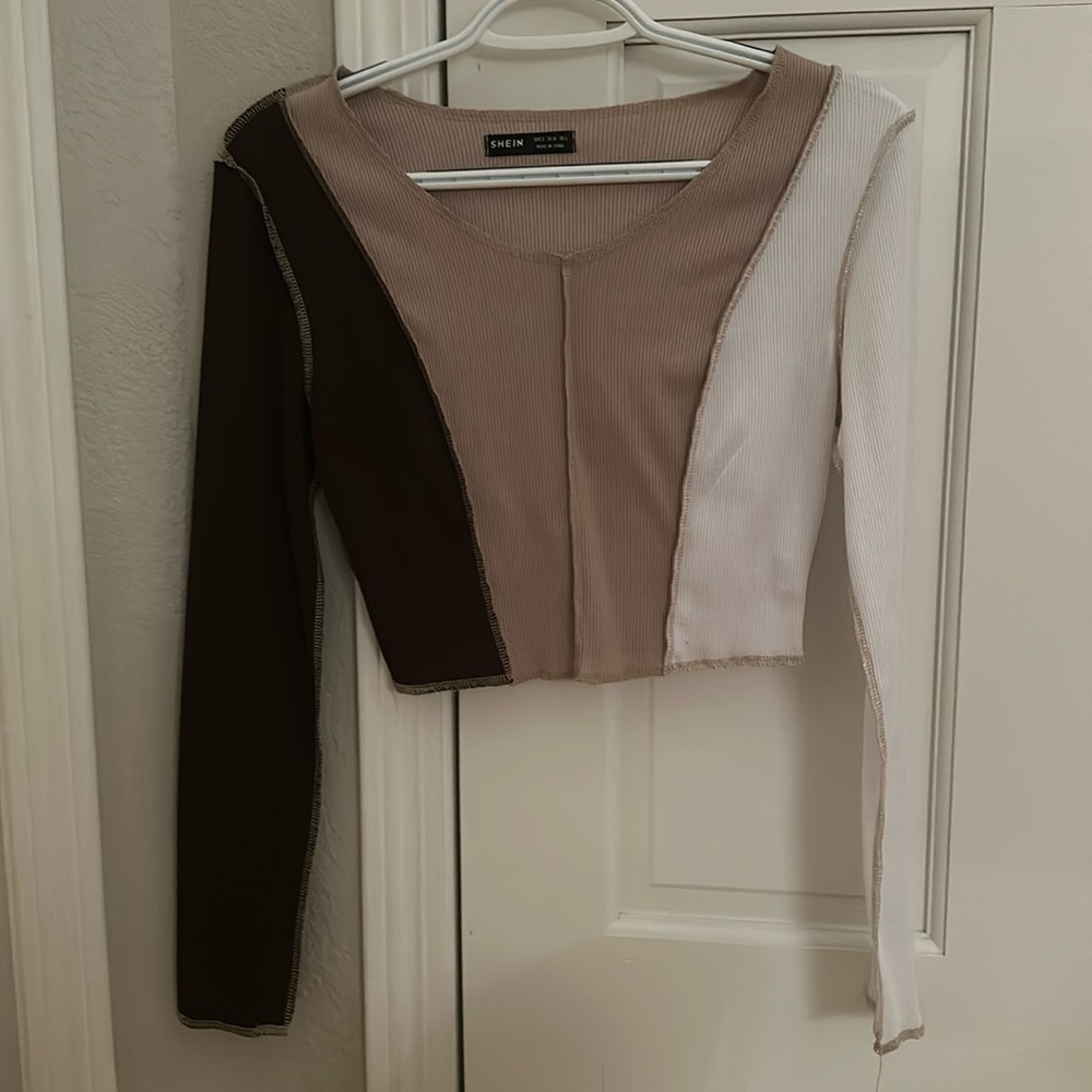 SHEIN Color Womens Block Stitch Trim Crop Slim Tee